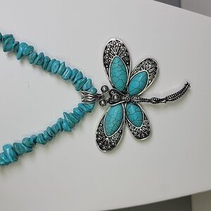 Bohemian Dragonfly Necklace Crushed Natural Stone Faux Turquoise Silver Boho